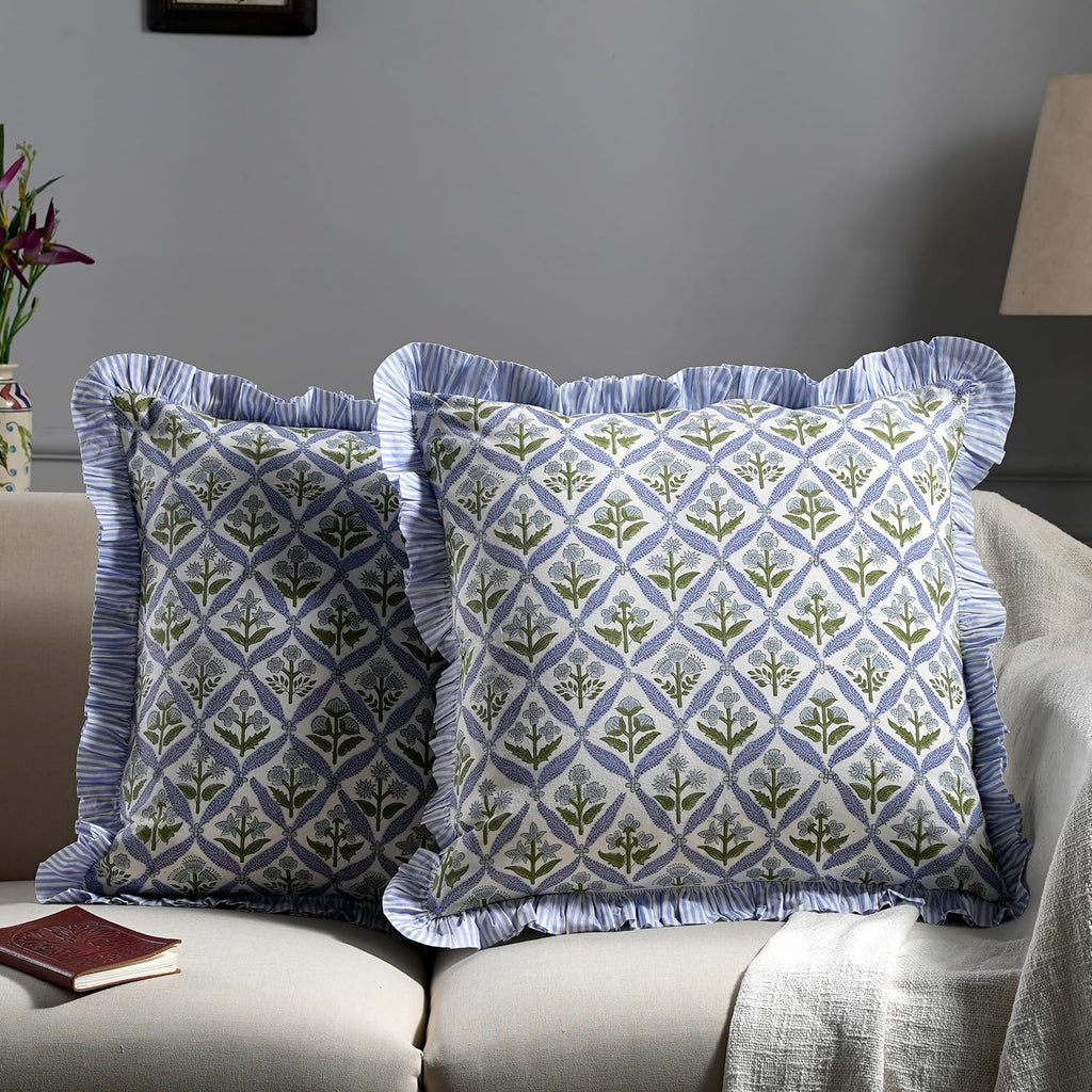 Block Print Light Steel Blue Throw Pillow Cover 18" X 18" (Pack Of 2) Decorative Cushion Covers With Ruffle For Couch, Sofa, Bed, Living Room, Home Decor Gift For Spring, Easter, Valentine