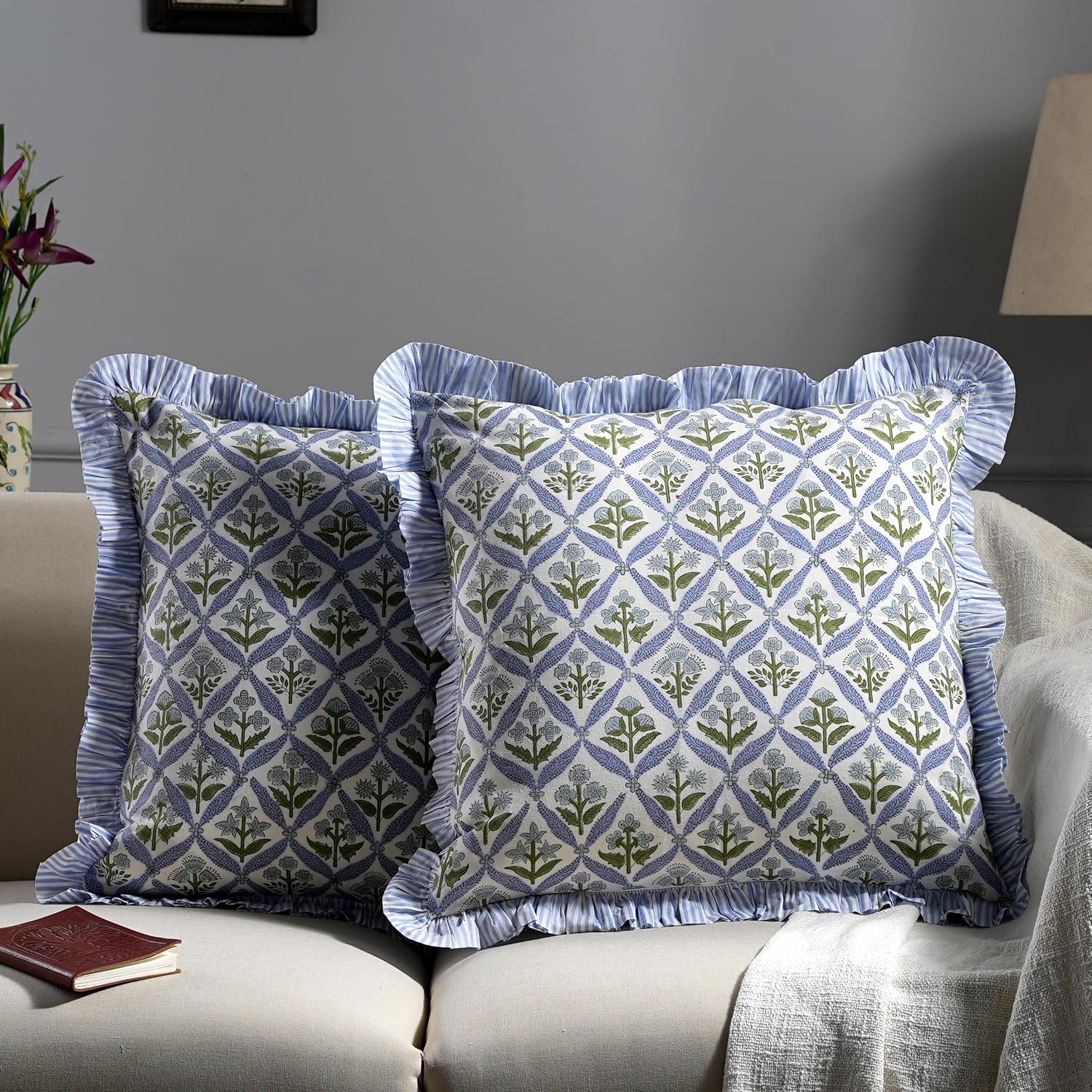 Block Print Light Steel Blue Throw Pillow Cover 18" X 18" (Pack Of 2) Decorative Cushion Covers With Ruffle For Couch, Sofa, Bed, Living Room, Home Decor Gift For Spring, Easter, Valentine