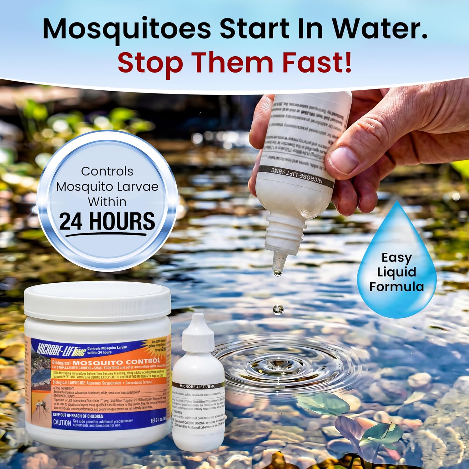 Microbe-Lift Bmc Biological Mosquito Control, Liquid Treatment For Medium-Sized Decorative Water Gardens Up To 2,000 Gallons, Fountains And Ponds, 2 Fluid Ounces