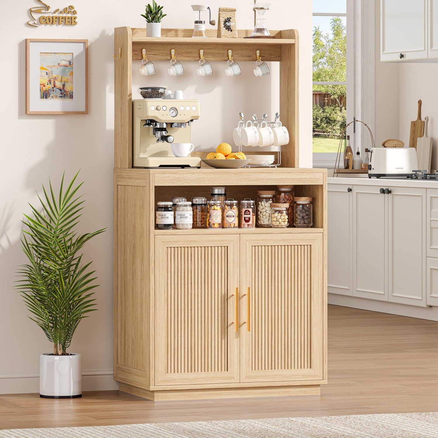 Fluted Coffee Bar Cabinet With Storage, Coffee Station With Adjustable Shelf And Hutch, 23.6" Sideboard Buffet Cabinet With 7 Hooks For Kitchen Living Room, Natural Oak