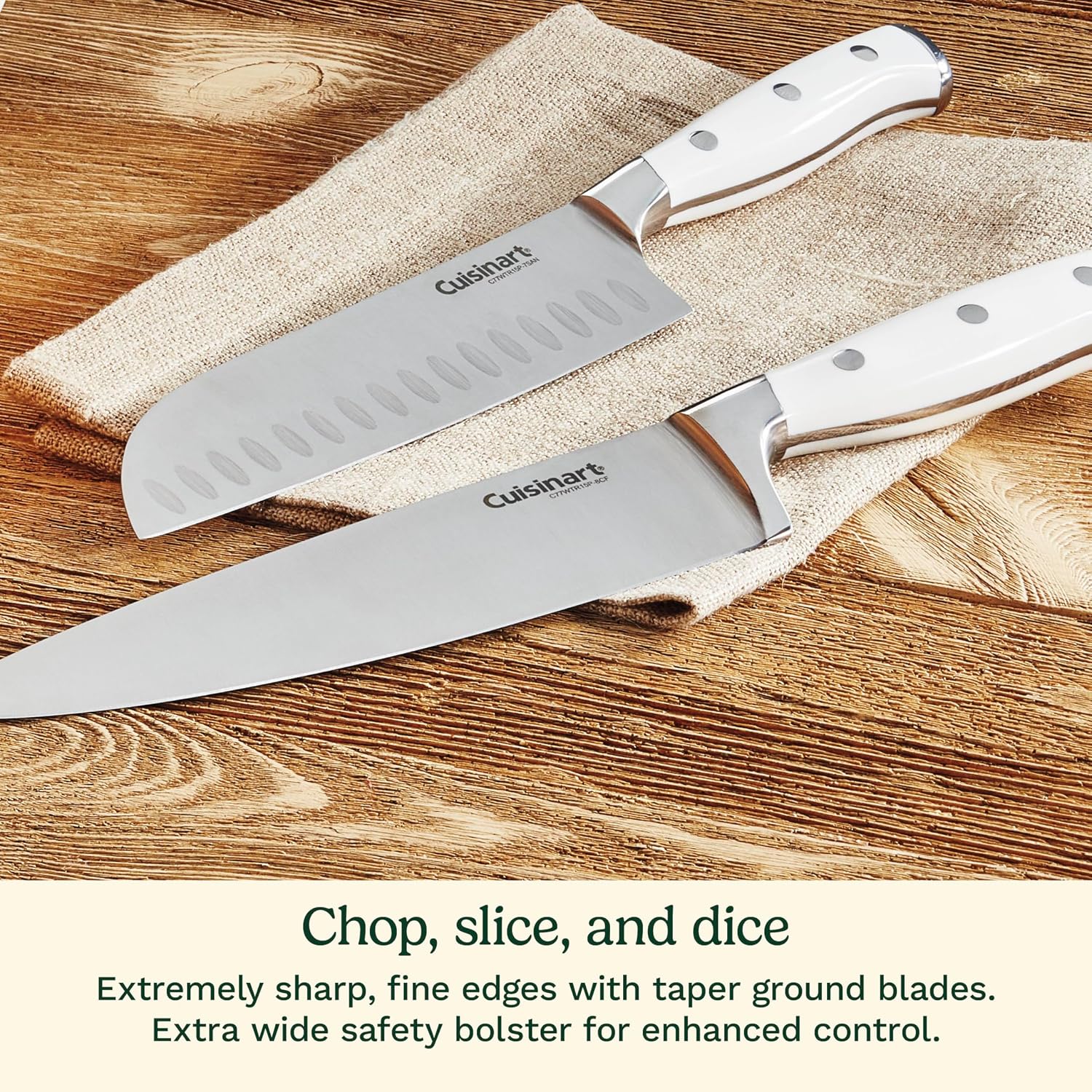 Cuisinart 15-Piece Knife Set With Block, High Carbon Stainless Steel, Forged Triple Rivet, White, C77Wtr-15P