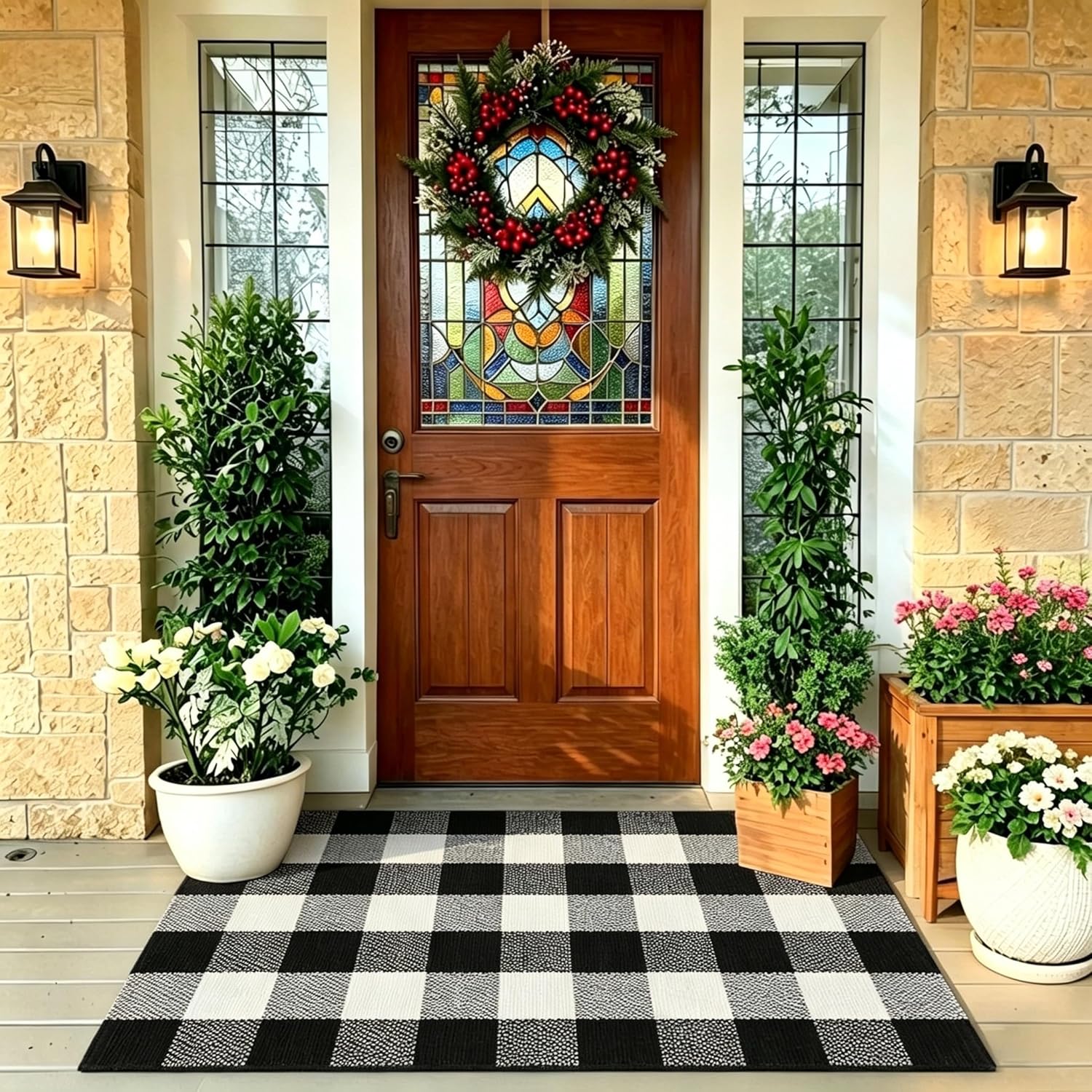 SEEKSEE Buffalo Plaid Outdoor Rug 27.5x43 Black and White Front Door Mat, Layering Rug for Porch, Washable Doormat, Cotton Area Rug for Outdoor Entrance Entryway Patio Porch Decor