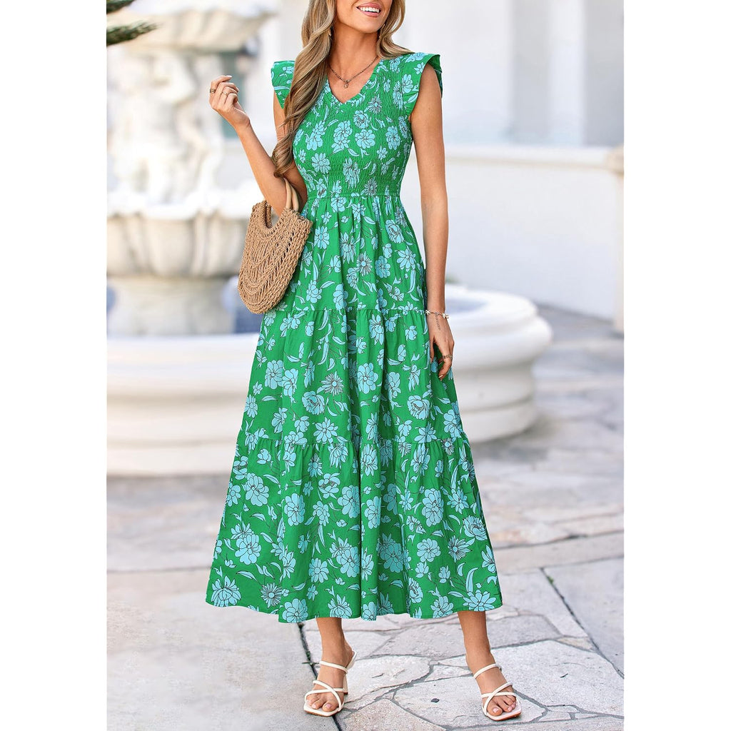 Prettygarden Women'S Boho Floral Maxi Dress 2026 Summer Smocked V Neck Ruffle Sleeve Spring Flowy Beach Vacation Sundresses