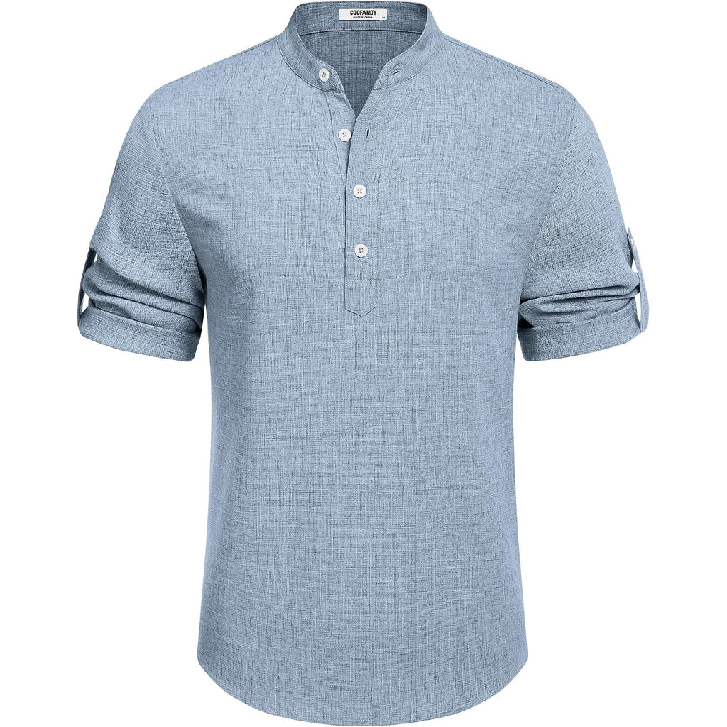Coofandy Men'S Casual Henley Shirt Short Sleeve Band Collar Linen Shirt Summer Beach Hippie T-Shirts