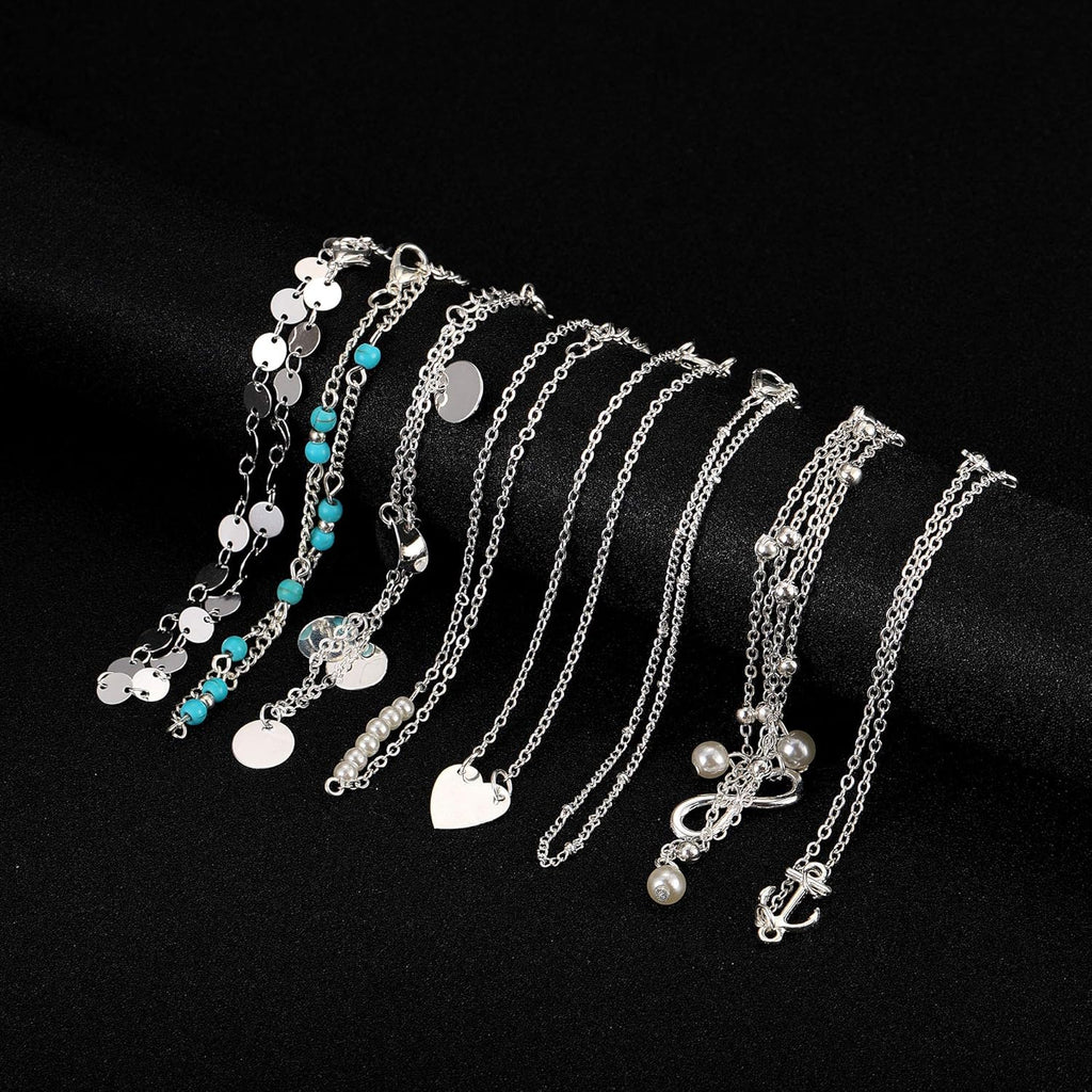 Softones 16Pcs Ankle Bracelets for Women Gold Silver Two Style Chain Beach Anklet Bracelet Jewelry Anklet Set,Adjustable Size