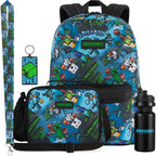 Get Trend Minecraft Kids Backpack Set For Boys With Insulated Lunch Bag, Water Bottle, Lanyard, & Charm, 5 Pc Book Bag With Padded Straps For School, Travel, Creeper Gamer Gifts (Multi Minecraft)