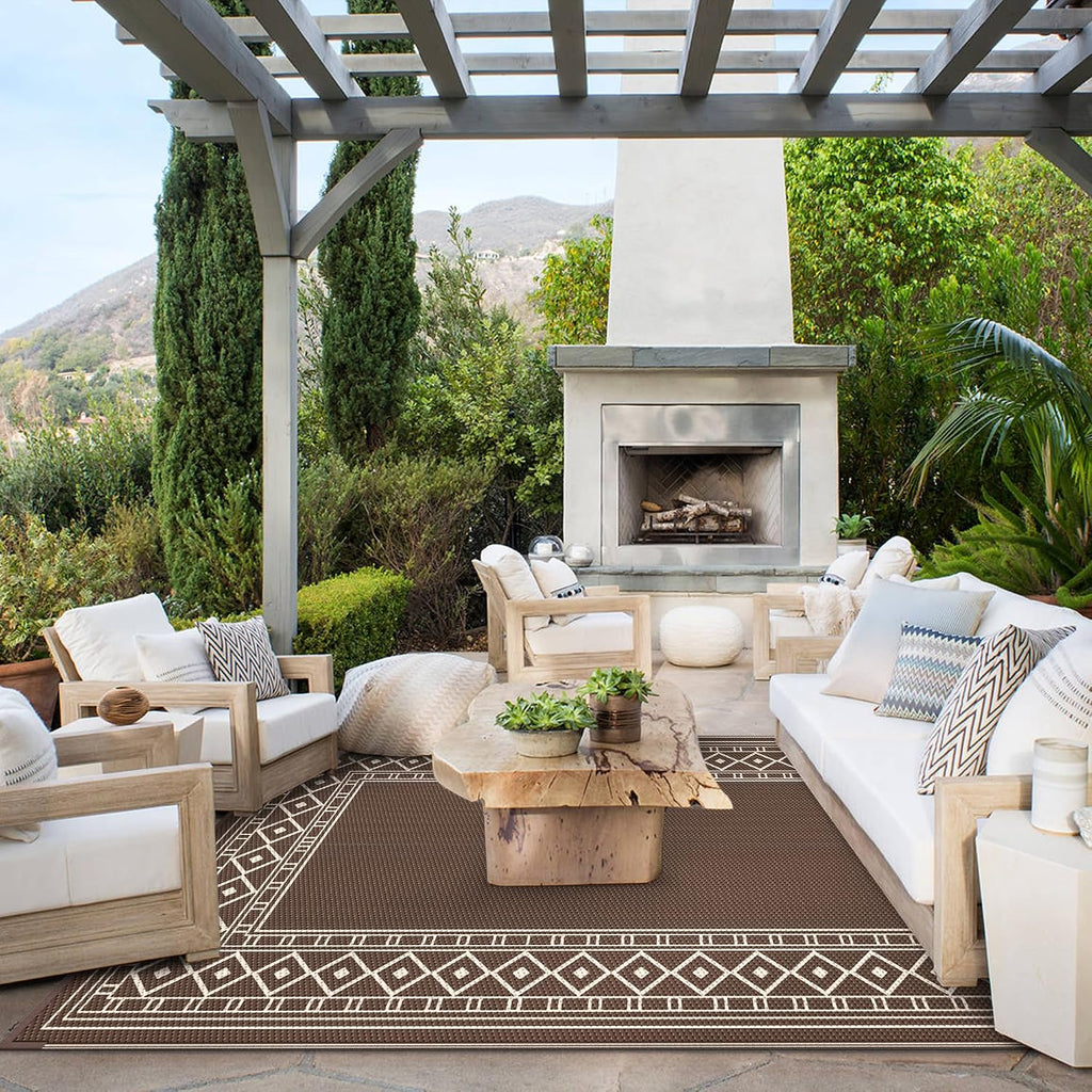 Genimo Outdoor Rug, Waterproof Plastic Rugs For Patio, 5'X8' Coffee Beige | Outside Larger Modern Carpet Mat For Porch Decor, Deck, Balcony, Camping, Rv, Backyard, Picnic, Beach, Reversible, Foldable