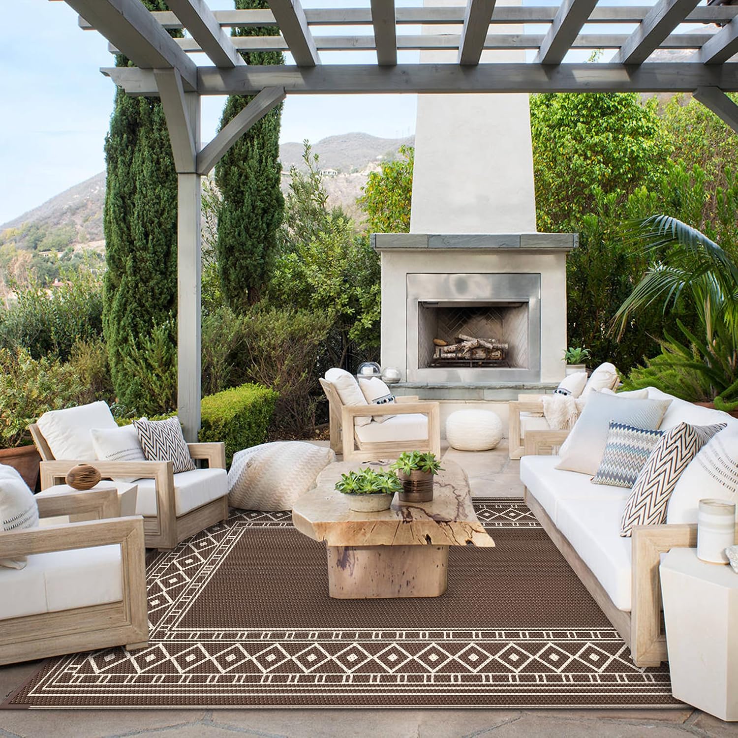 Genimo Outdoor Rug, Waterproof Plastic Rugs For Patio, 5'X8' Coffee Beige | Outside Larger Modern Carpet Mat For Porch Decor, Deck, Balcony, Camping, Rv, Backyard, Picnic, Beach, Reversible, Foldable