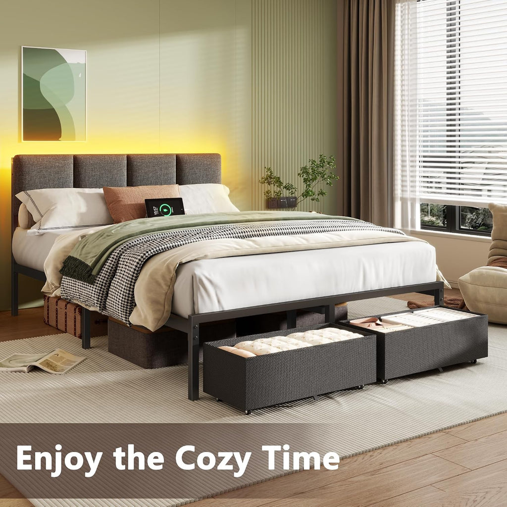 Full Size Bed Frame With Headboard, Upholstered Full Bed Frame With Led Light, Usb Charging Station, Platform Bedframe With 2 Fabric Underbed Storage Drawers, No Spring Box Needed