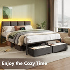 Full Size Bed Frame With Headboard, Upholstered Full Bed Frame With Led Light, Usb Charging Station, Platform Bedframe With 2 Fabric Underbed Storage Drawers, No Spring Box Needed