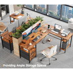 Furologee 66” L Shaped Desk With Power Outlet, Reversible Home Office Desk With File Drawer, 2 Monitor Stands, Storage Shelves, Corner Computer Table For Gaming, Writing, Rustic Brown