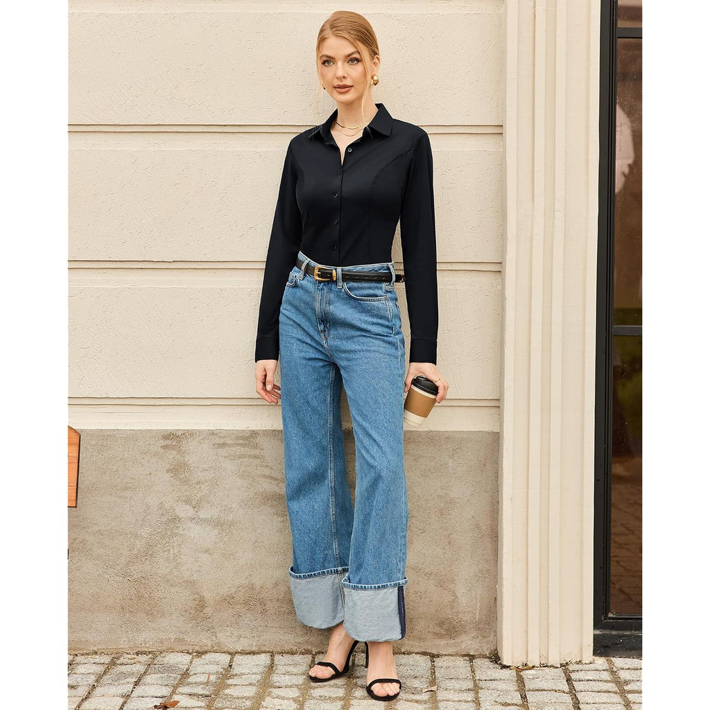 Siliteelon Womens Stretch Button Down Shirts Slim Fit Long Sleeve Dress Shirt Wrinkle Free Collared Business Work Blouse Top