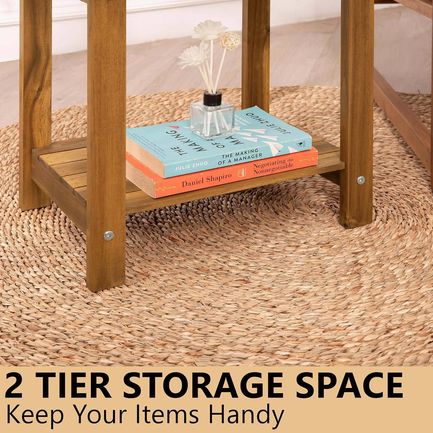 Solid Acacia Wood Side Table With 2-Tier Storage, Weather-Resistant Outdoor Indoor End Table, Natural Rustic Color Night Stand