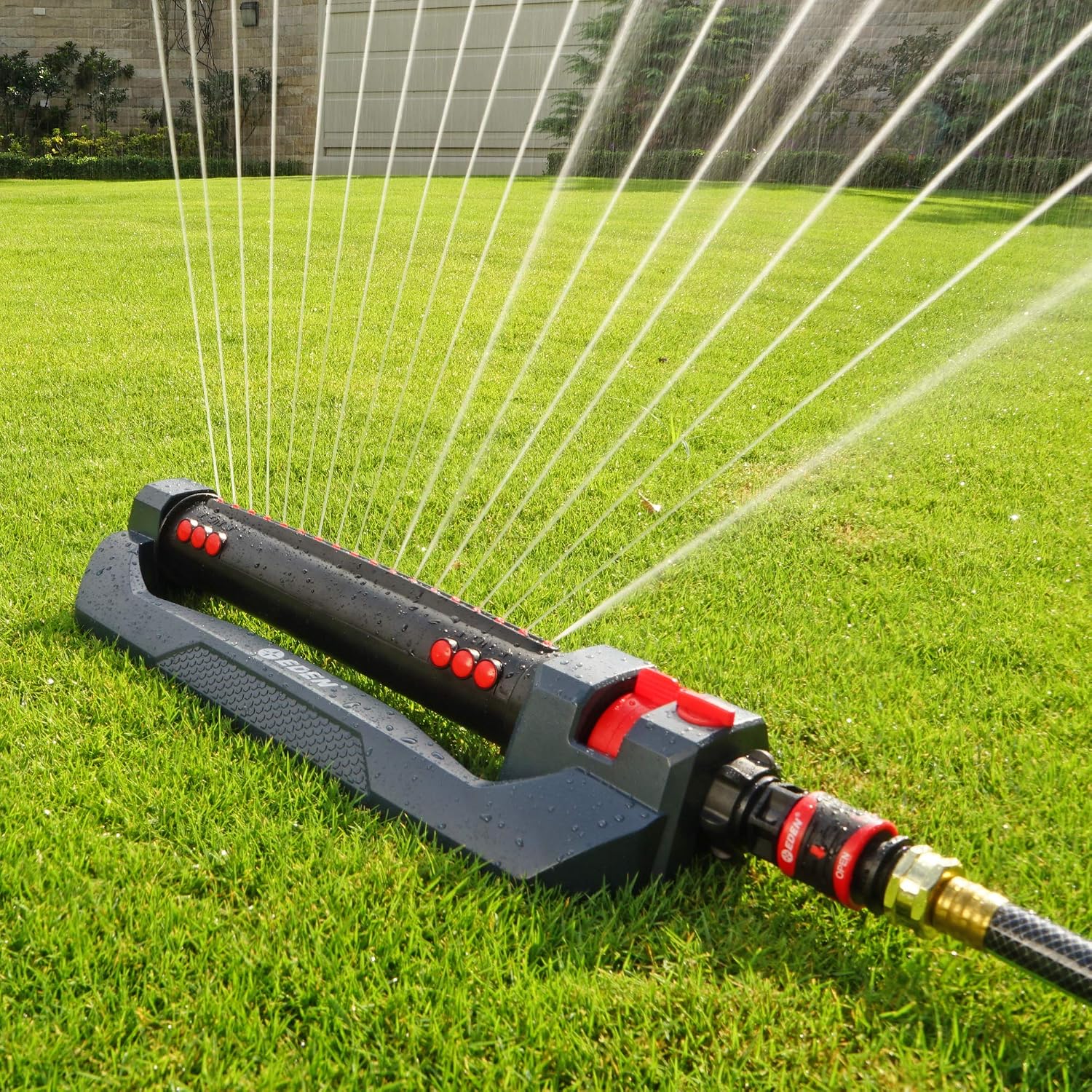 Eden 96212 Turbo Oscillating Sprinkler | Covers Up To 4,400 Sq. Ft., 18 Precision Nozzles, Adjustable Range, Flow Control, Triple Nozzle Width Switches, Turbo Drive Motor, Quick Connect Bundle