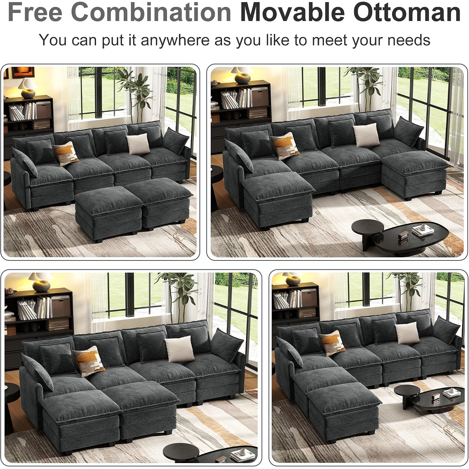 107" Cloud Couch Sectional, U Shaped Modular Sectional Sofa, 4-Seat Deep Seat Couch With 6 Removable Washable Pillows And 2 Ottoman For Living Room, Bedroom, Apartment, Black Grey