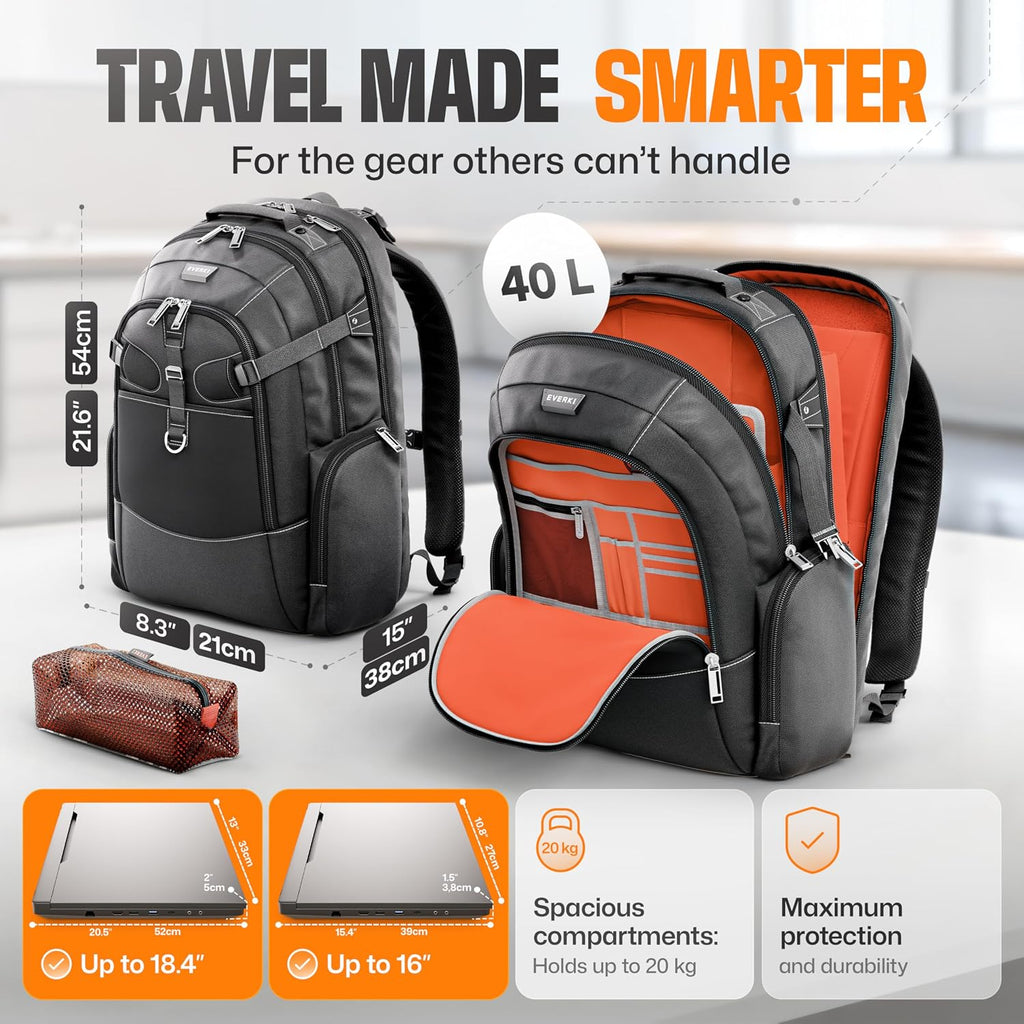 Everki Business 120 Pro 2 Laptop Backpack 40L W/Rain Cover Mesh Accessories Pouch & Quick Release Magnetic Keychain-2 Travel Laptop Compartments Fit Up To 18.4"Rfid Pocket Patented Corner Protection