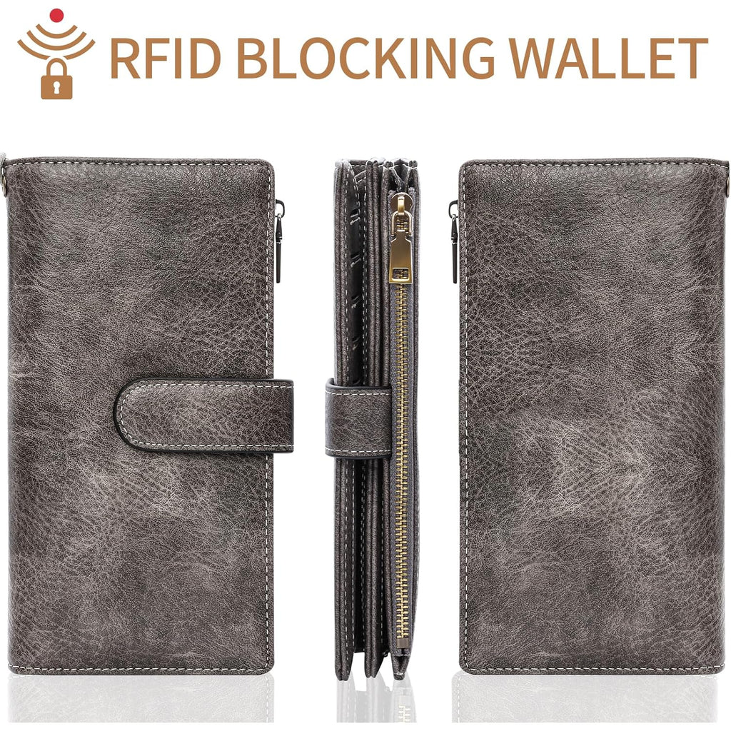 XINNSTAR Womens Wallet RFID Blocking Large Capacity Credit Card Holder Long Purses for Women with Wristlet Pocket ID Window