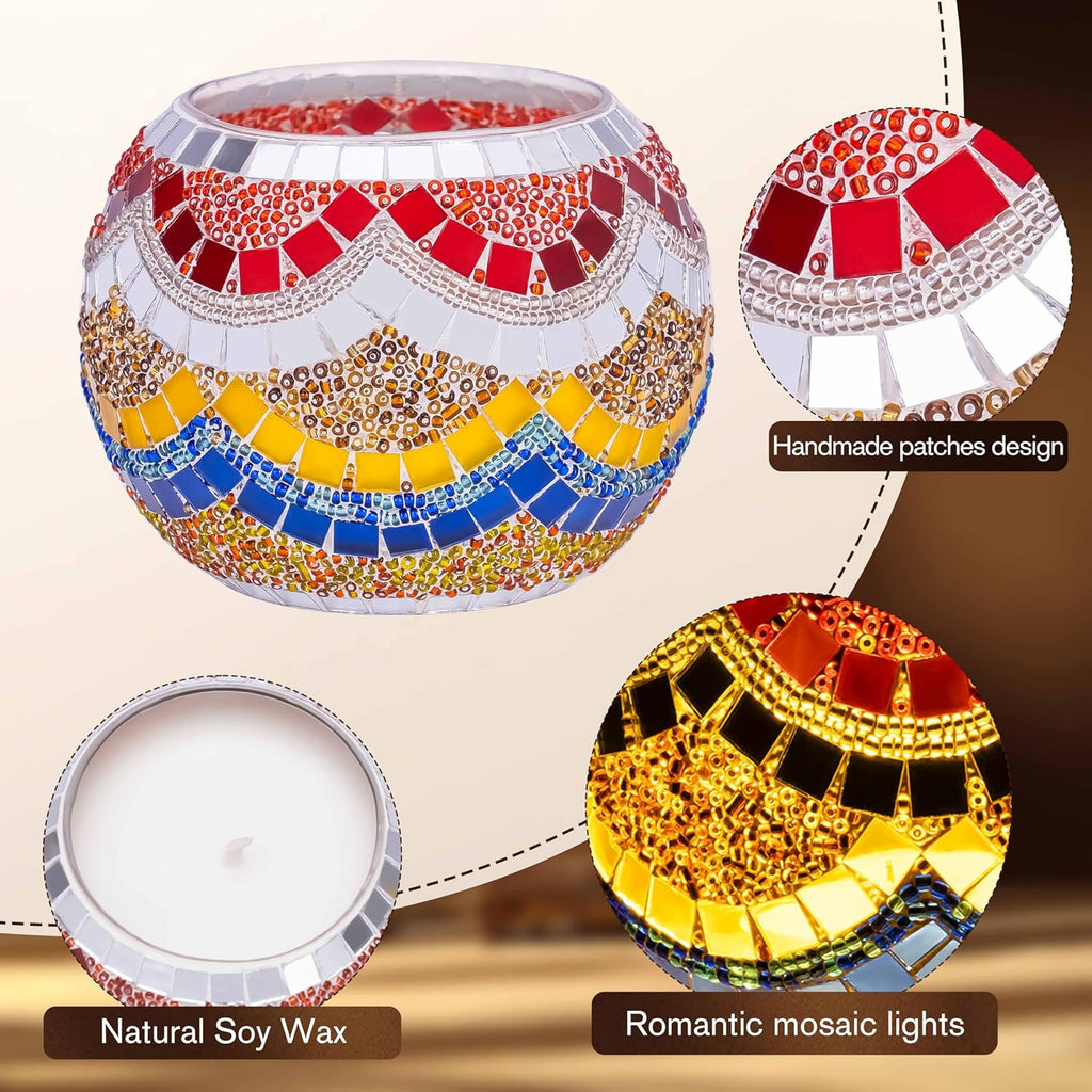 Rancco Handmade Mosaic Glass Tealight Candle Holder Set - 4 Pack with 10.5 oz Long-Lasting Soy Wax Scented Candles - Perfect Aromatherapy Gifts for Women, Moms, Birthdays, Spa Days, and Christmas