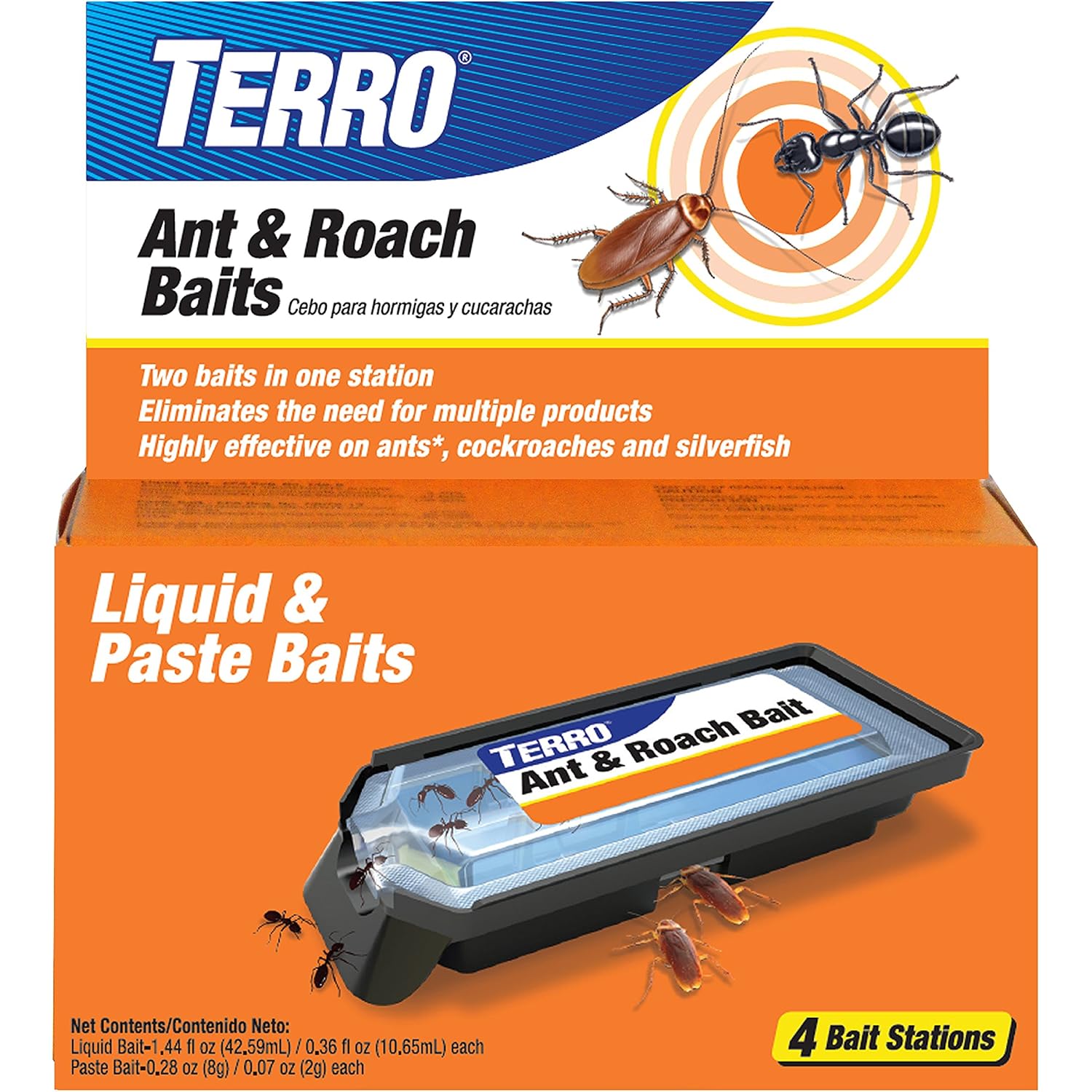 Terro Ant & Roach Bait, 4-Pack, Indoor Ant Killer And Roach Killer | Pre-Filled Dual Bait Stations Attract And Kill Ants, Roaches, And Silverfish, Ready-To-Use Indoor Bait With Twist Tab, T360
