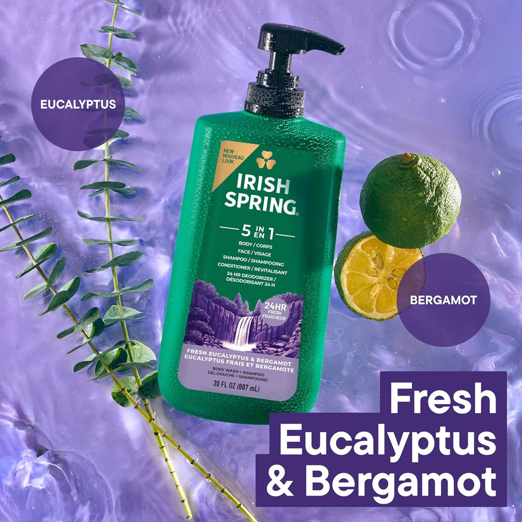 Irish Spring 5 In 1 Moisturizing Body Wash For Men, Shampoo, Conditioner, Body And Face Wash, And 24 Hour Deodorizer, Paraben-Free, Fresh Eucalyptus & Bergamot Scent, 30 Fl Oz - Packaging May Vary