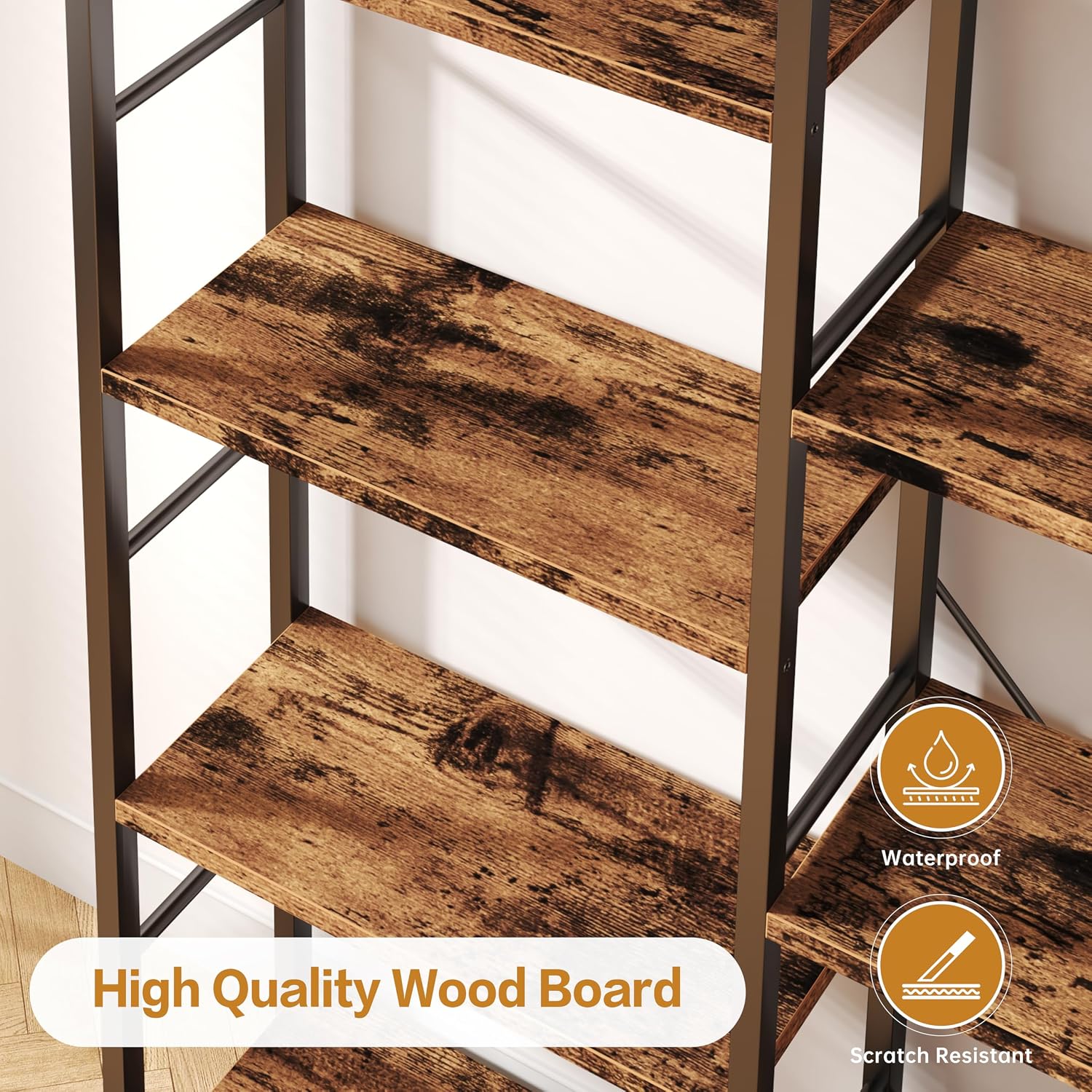Shintenchi Triple Column 5 Tier Bookshelf, Industrial Large Bookcase Display Shelves, Large Etagere Bookshelf,Wide Book Shelf Book Case For Home & Office, Rustic Brown