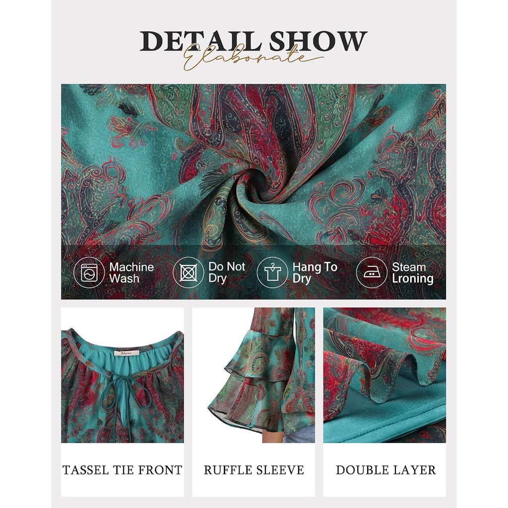 Bebonnie Womens Ruffle Sleeve Casual V Neck Layers Boho Tops Tassel Tie Front Floral Chiffon Blouses