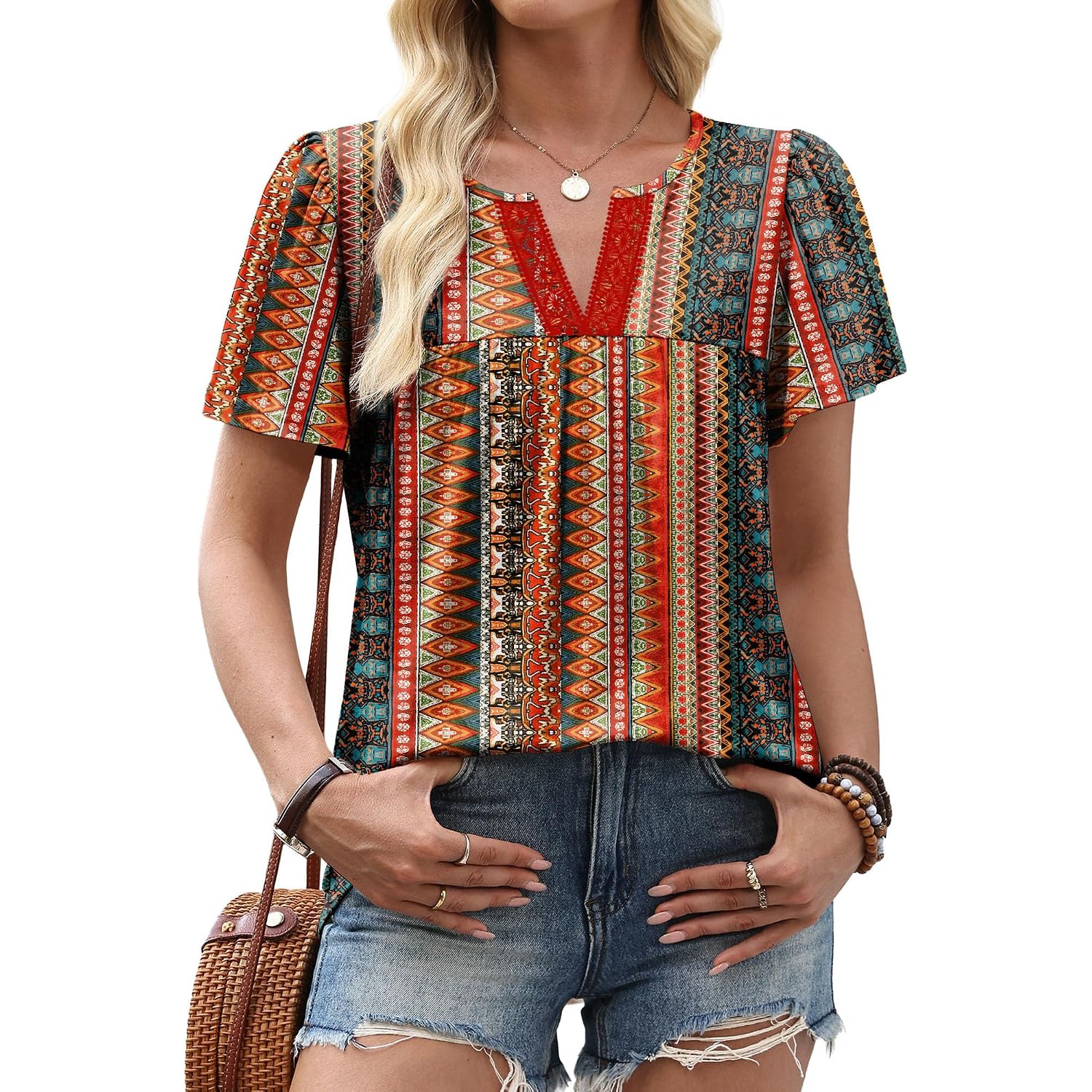 Ofeefan Womens Summer Tops Boho Short Sleeve Shirts V Neck Fashion Lace Blouses Dressy Casual Flowy Holiday Outfits