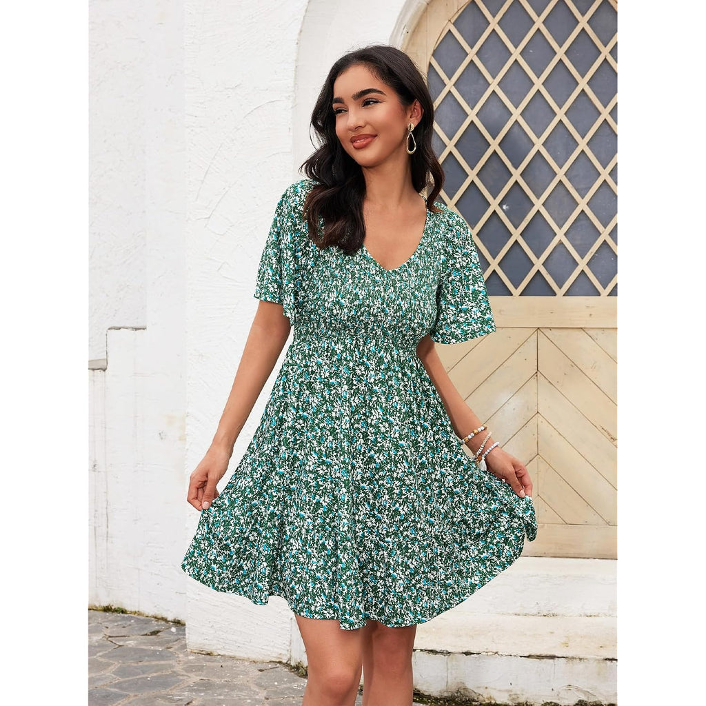 Ueal Womens Cute Floral Smocked V Neck Flutter Sleeve Sundress With Pockets Casual Spring Summer Dresses For Women 2026