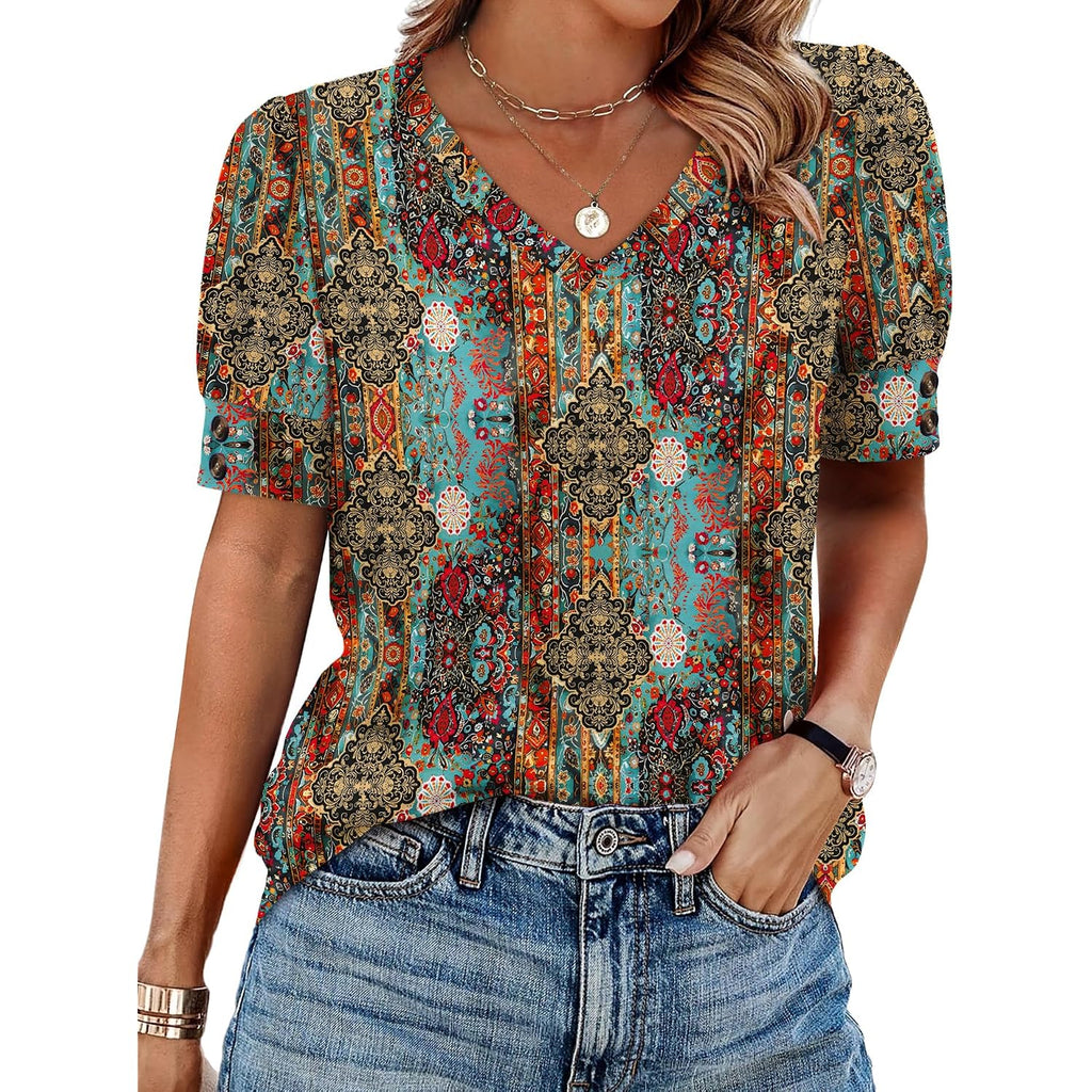 Ofeefan Womens Tops Short Sleeve Shirts Buttons V Neck Spring Fashion Summer Outfits Plus Size Blouses Dressy Casual