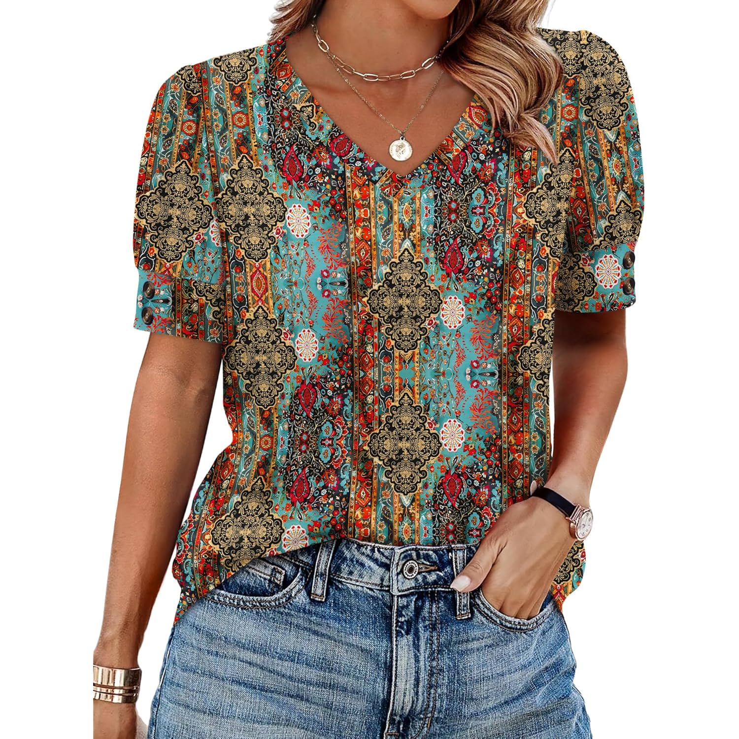 Womens Tops Short Sleeve Shirts Buttons V Neck Spring Fashion Summer Outfits Plus Size Blouses Dressy Casual