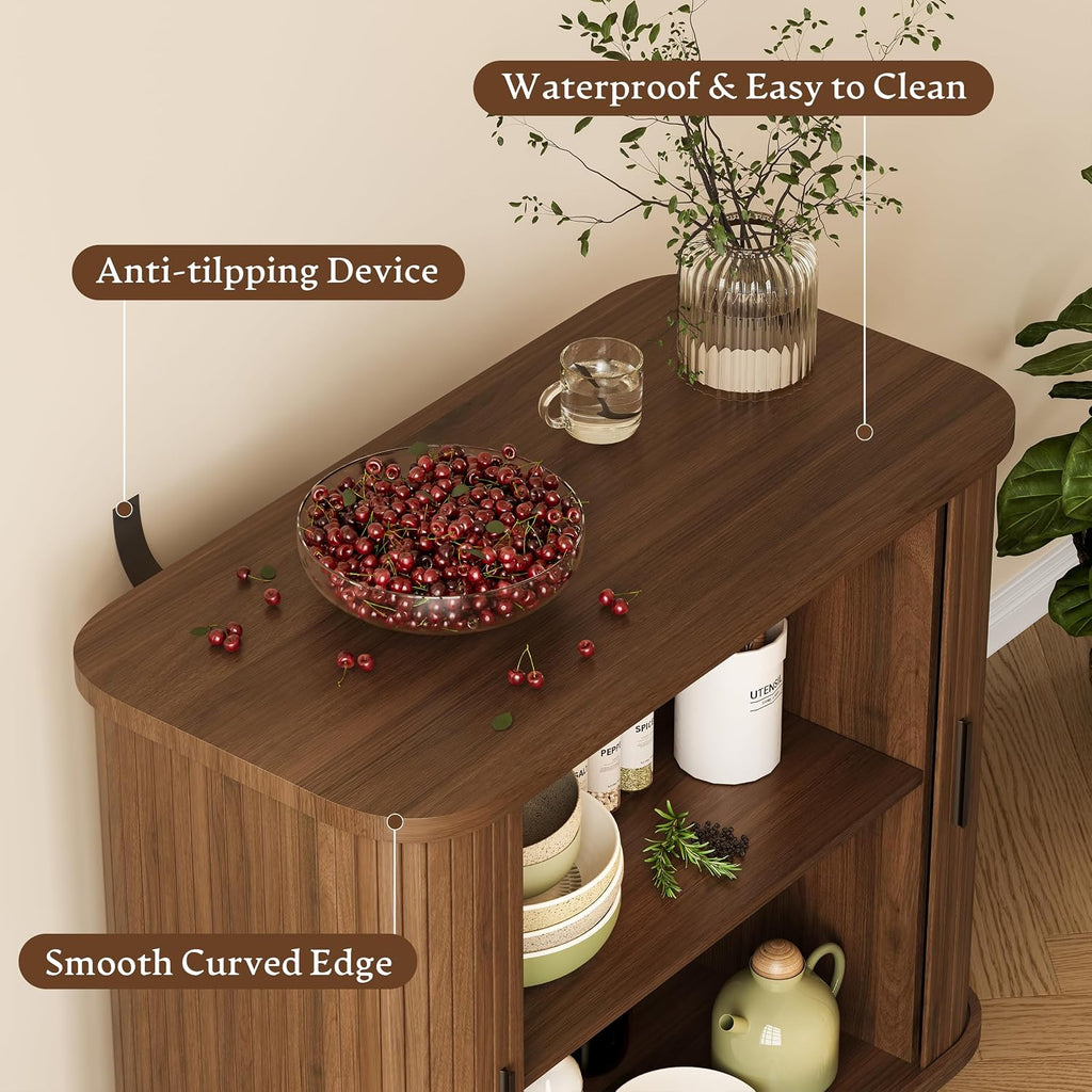 Sideboard Buffet Cabinet With Sliding Door, 31.5" Wide Fluted Modern Accent Storage Cabinet With Adjustable Shelves, Wood Coffee Bar Buffet Console Table For Kitchen, Dining Room, Living Room, Walnut