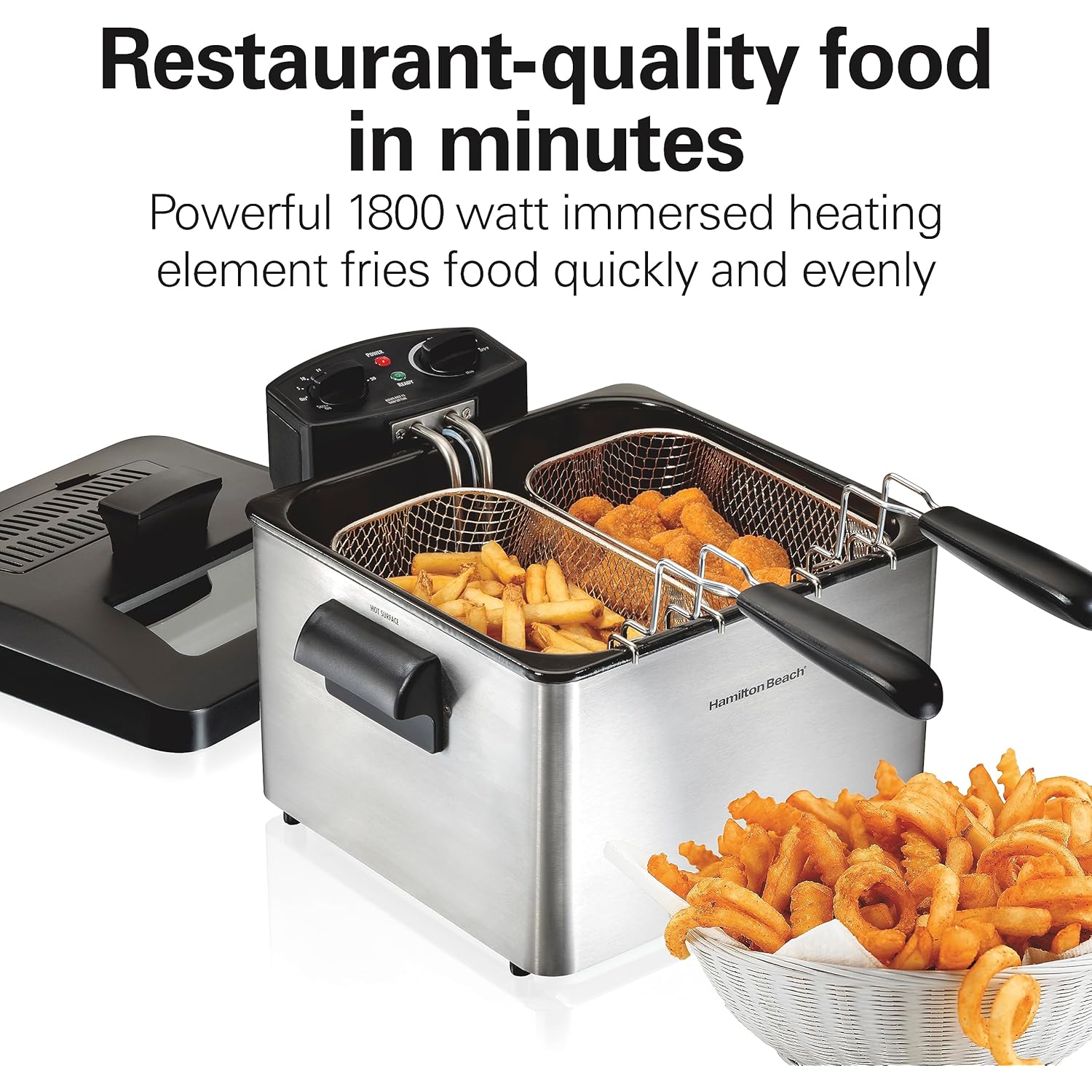 Hamilton Beach Electric Deep Fryer with 3 Baskets and Lid, 4.5 Liters / 19 Cups Oil Capacity, Temperature Control, View Window, Professional Style, 1800 Watts, Stainless Steel (35034)