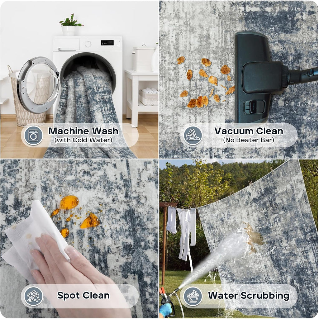 8X10 Area Rugs For Living Room Rug Washable: Modern Large Rug For Dining Room Bedroom Carpet Non Slip 8 By 10 Indoor Abstract Nursery Home Office Blue Grey