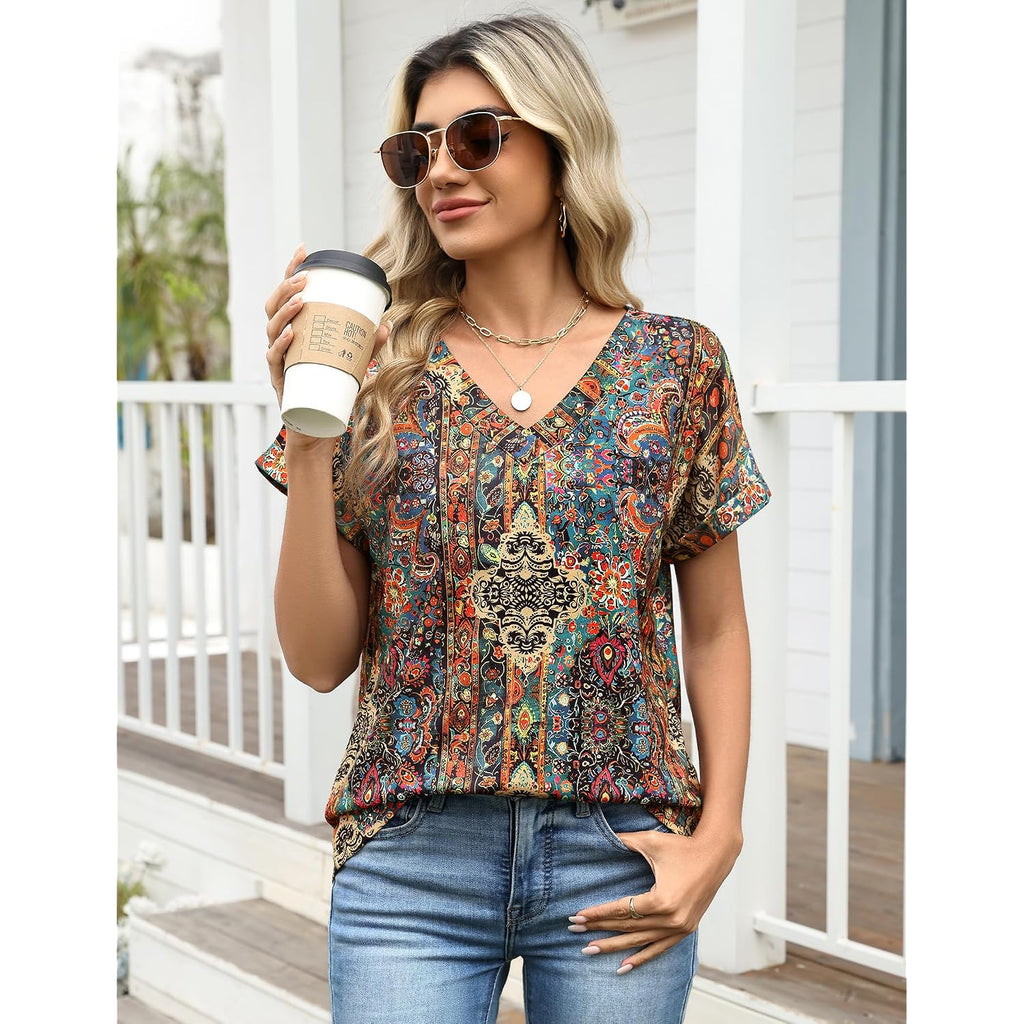 Zeagoo Womens Summer Tops Rolled Short Sleeve V Neck Shirts Casual Dressy Business Work Blouses Outfits Boho-mz721