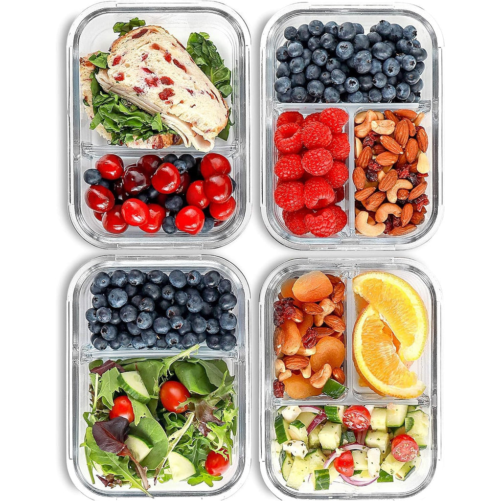 Fit Strong & Healthy Glass Meal Prep Containers, 2 & 3 Compartments - Portion Control, Lunch Container Set, Food Storage, Airtight Lids, Oven & Freezer Safe, Leak-Proof Bento Box, 32 Oz, Blue, 4 Pack