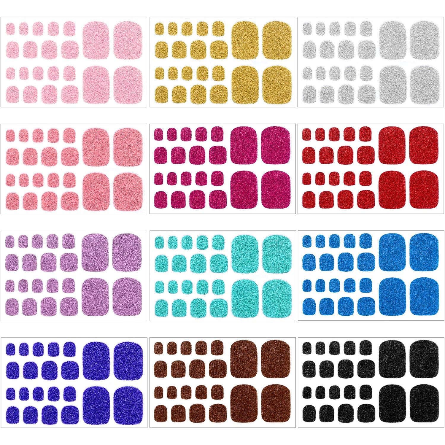 12 Sheets Glitter Toe Nail Wraps Self-Adhesive Toe Nail Polish Stickers Solid Color Nail Art Decals Strips Glittery Manicure Kit with 12 Styles and 2 Pieces Nail Files for Women Girls
