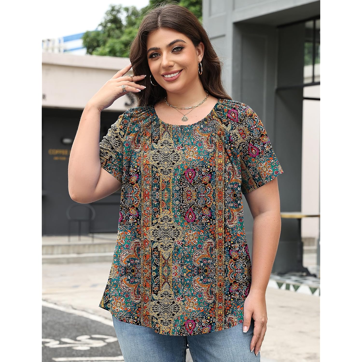 Womens Plus Size Tops Short Sleeve Shirts Crewneck Pleated Blouses Dressy Casual Fashion Tunic Top (1X-5X)
