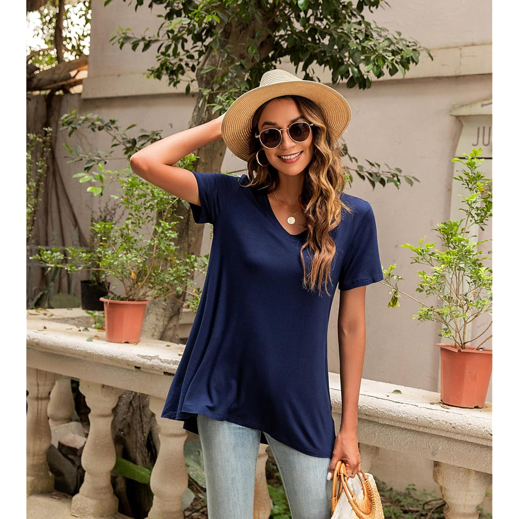Women's long Tunic Tops to Wear with Leggings Summer Short Sleeve Loose Fit Dressy Shirts M-5XL