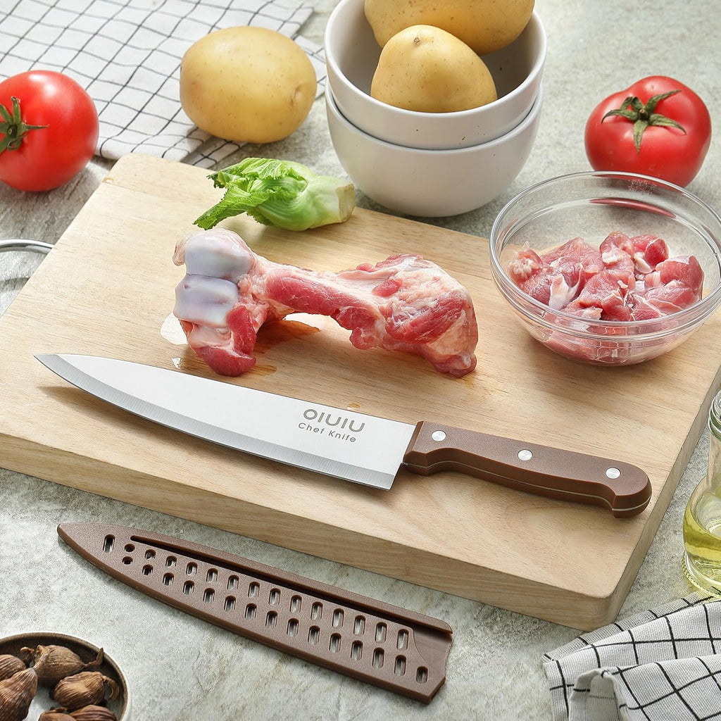 Olulu 8 Inch Chef Knife, Razor Sharp Kitchen Knife With Protective Knife Sheath, Razor Sharp Slicing Knife With Ergonomic Handle, German Stainless Steel, Dishwasher Safe (Brown Color)