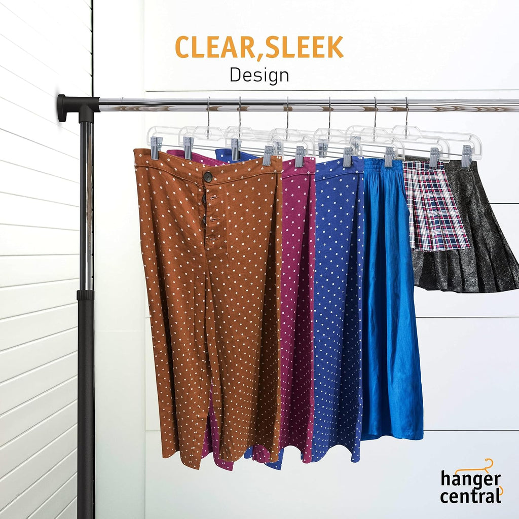Premium 14 Inch Clear Pants Hangers With Adjustable Clips - 12 Pack Space-Saving Skirt Hangers - Non-Slip Heavy Duty Plastic Closet Organizers With 360° Swivel Hook