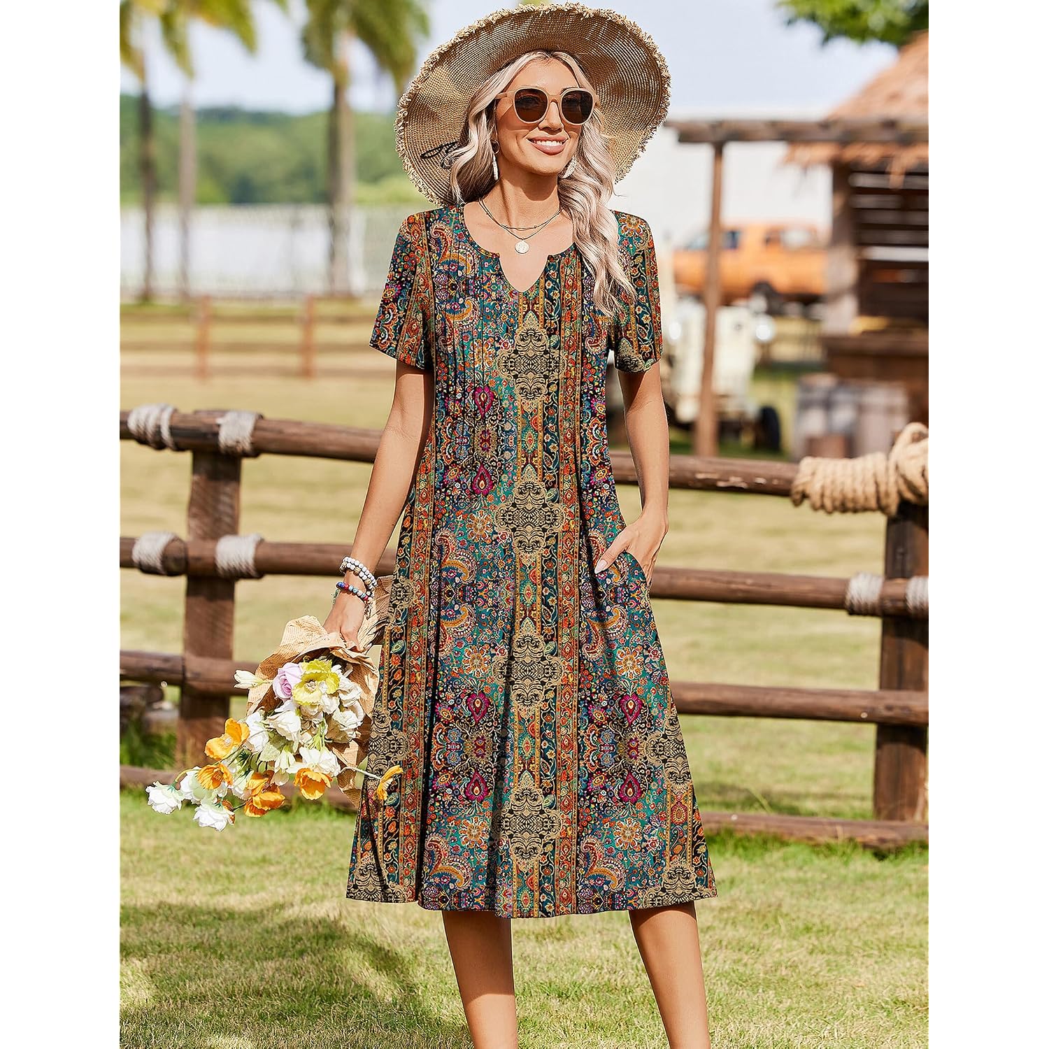Zeagoo Summer Dresses For Women 2026 Casual Short Sleeve Aline Midi Dress With Pocket Flowy Pleated Tshirt Beach Sundress