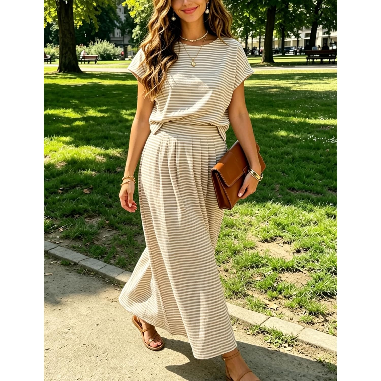 Zontroldy Women'S Summer 2 Piece Outfits Striped Skirt Sets Cap Sleeve Crop Top Midi Dress Matching Travel Outfits