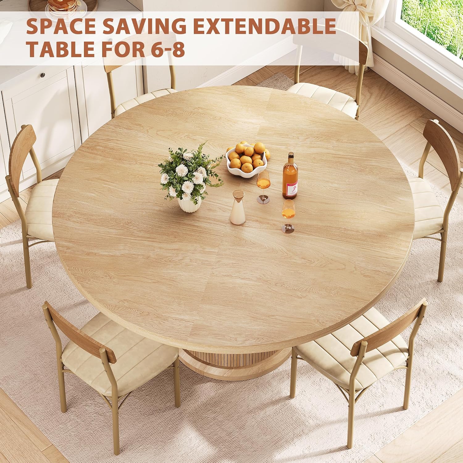 Jocoevol 47″–63″ Extendable Round Dining Table For 4–8 With Dust-Proof 2-Tier Storage Shelf Space-Saving Expandable Dining Room Table Wood Oval Circle Dining Table With Pedestal Base (Natural)