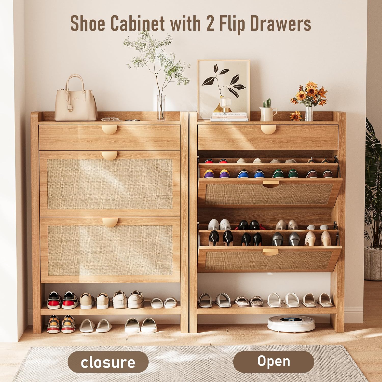 Rattan Shoe Storage Cabinet, Shoe Organizer With 2 Flip Drawers, Narrow Shoe Cabinet, Free Standing Hidden Shoe Storage, Shoe Rack For Entryway/Hallway/Closet, Natural Oak