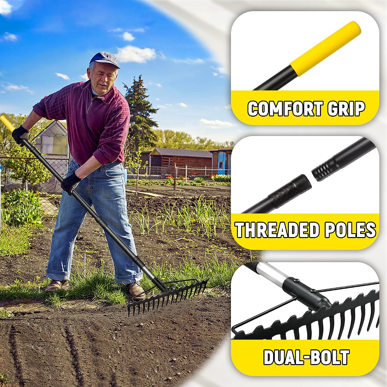Bow Rake, 68-Inch Adjustable Handle Garden Rake With 17 Steel Tines, Heavy Duty Dual-Sided Metal Rake Landscape Gardening Tool For Soil Loosening Lawn Yard Leaves Mulch Thatch Removing