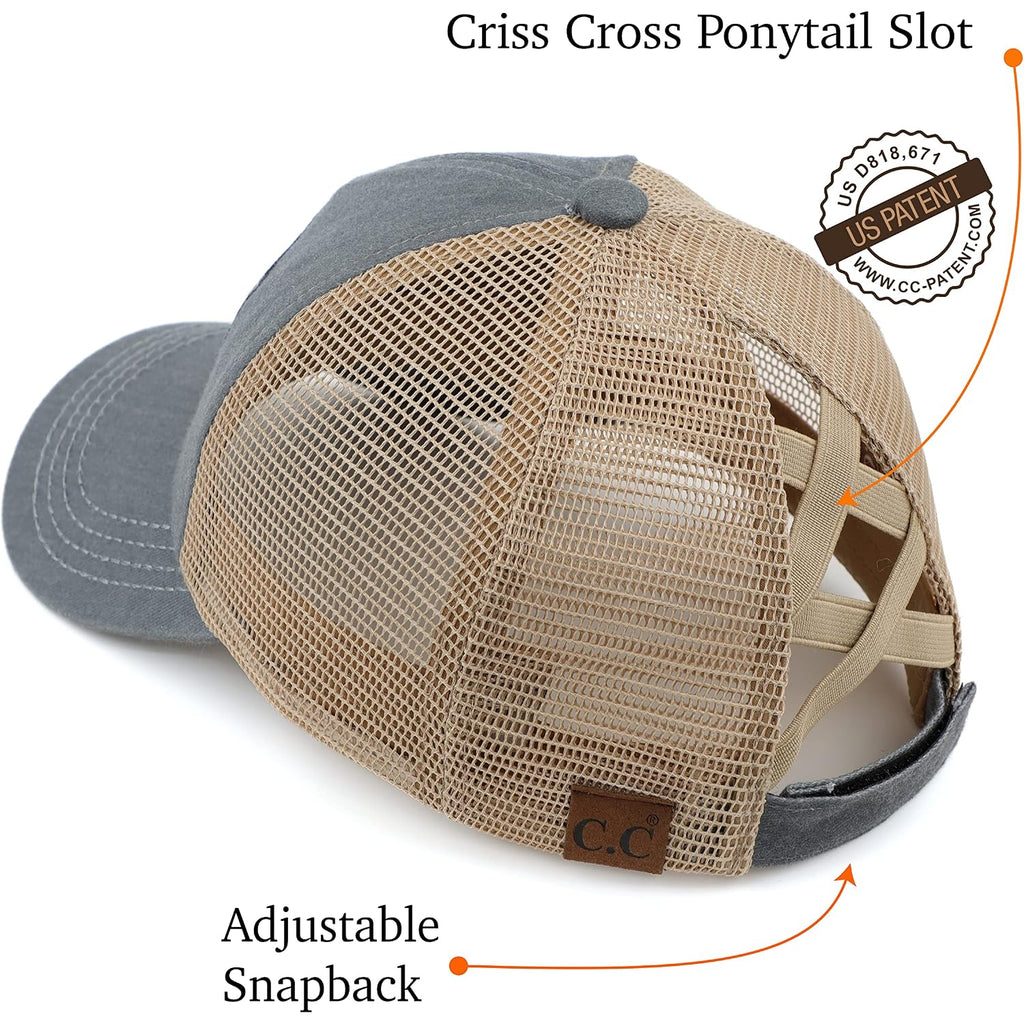 C.C Exclusives Washed Distressed Embroidered Patch Cotton Denim Criss-Cross Ponytail Hat Adjustable Baseball Cap