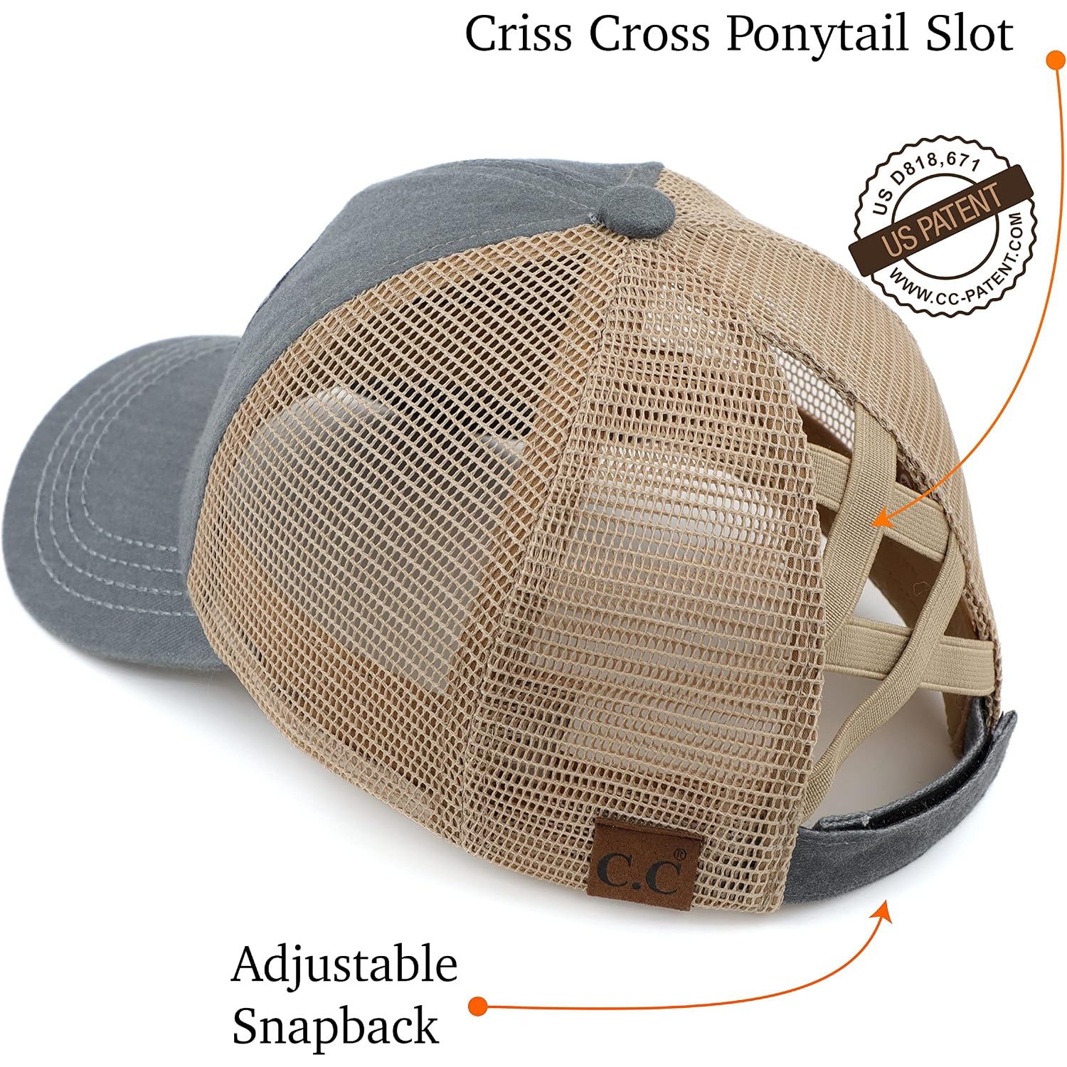 C.C Exclusives Washed Distressed Embroidered Patch Cotton Denim Criss-Cross Ponytail Hat Adjustable Baseball Cap