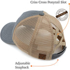 C.C Exclusives Washed Distressed Embroidered Patch Cotton Denim Criss-Cross Ponytail Hat Adjustable Baseball Cap