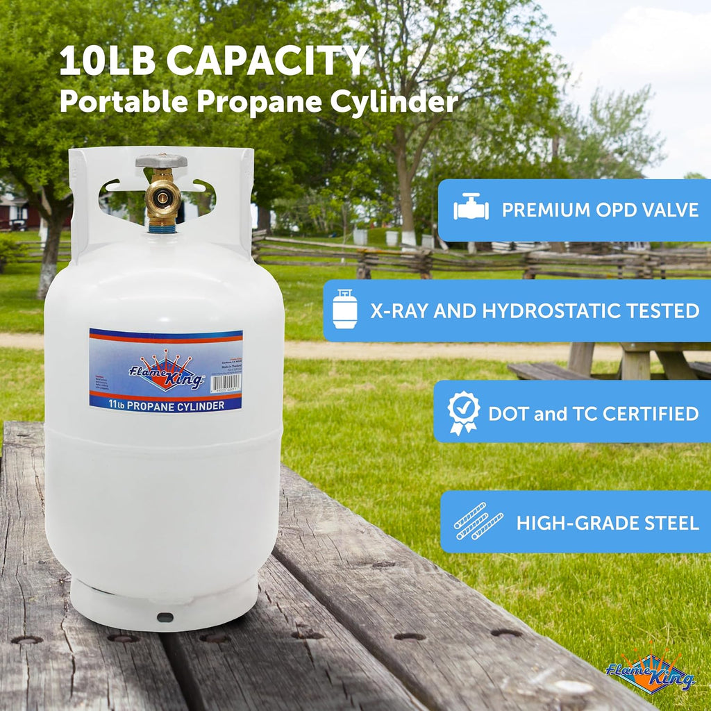 Flame King 10Lb Steel Propane Tank Cylinder With Type 1 Overflow Protection Device Valve, Great For Camping, Fire Pits, Heaters, Grills, Overlanding, White