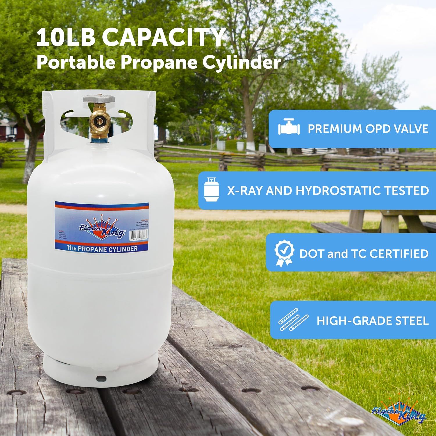 Flame King 10Lb Steel Propane Tank Cylinder With Type 1 Overflow Protection Device Valve, Great For Camping, Fire Pits, Heaters, Grills, Overlanding, White